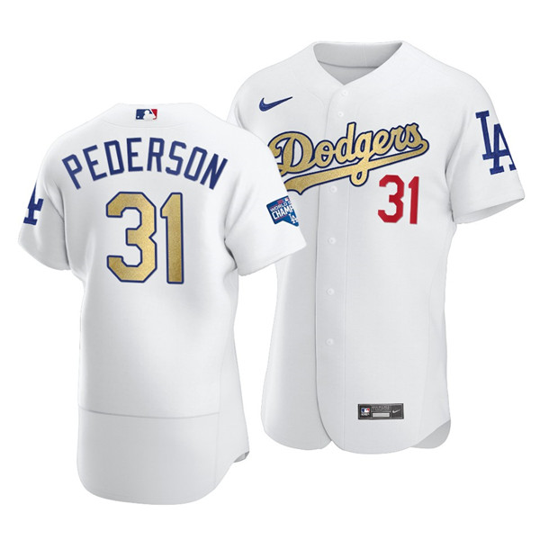 Men's Los Angeles Dodgers #31 Joc Pederson White Gold 2021 World Series Champions Patch Sttiched MLB Jersey Men's Los Angeles Dodgers #31 Joc Pederson White Gold 2021 World Series Champions Patch Sttiched MLB Jersey
